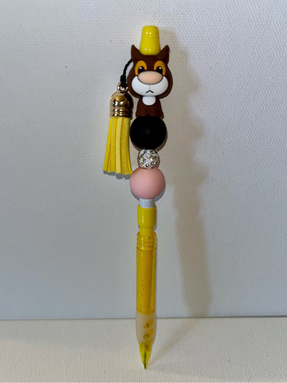 Yellow Mechanical Pencil w/Cute Brown Cat, Tassel, Peach & White Rhinestone Bead